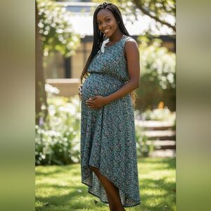 Three Seasons Maternity Sundress Navy Floral Chiffon Hi-Lo Midi Mom Tank Dress